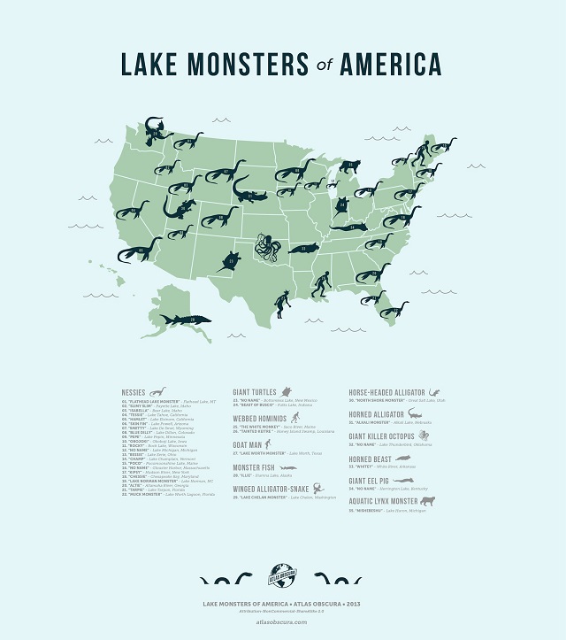 A map of mythical lake monsters in the US