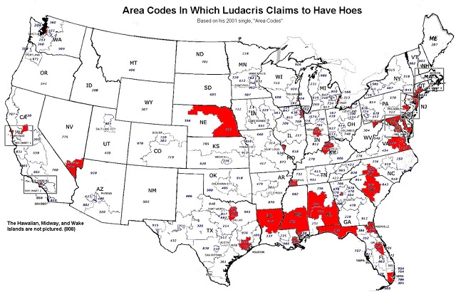 This map shows every area code in which Ludacris has “hoes”
