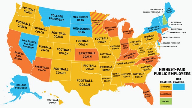 US Map of the Highest Paid Public Employees by State